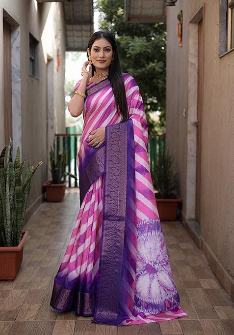 Pink Lehariya Print Silk Saree Set