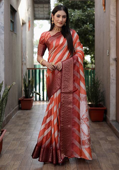 Orange Lehariya Print Silk Saree Set