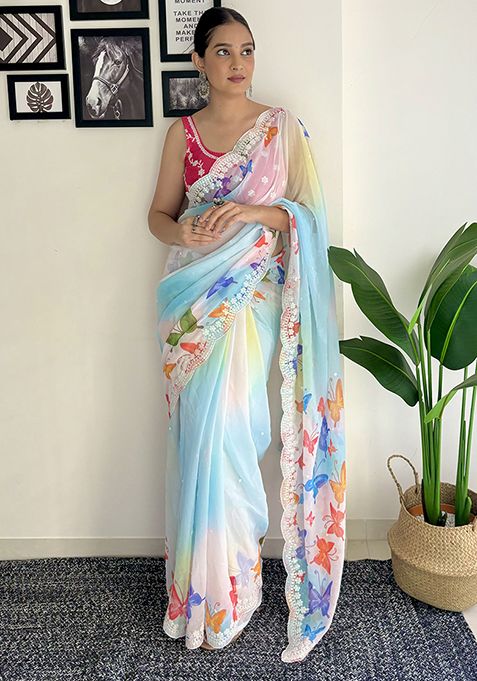 Sky Blue Abstract Print Georgette Saree Set