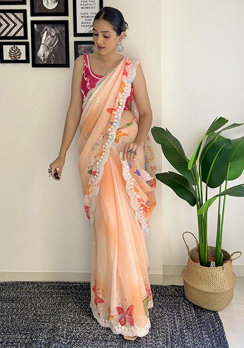 Orange Abstract Print Georgette Saree Set