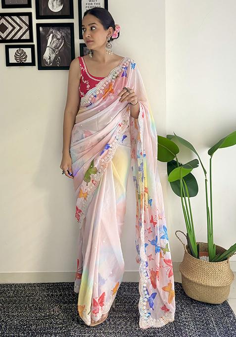 Peach Abstract Print Georgette Saree Set