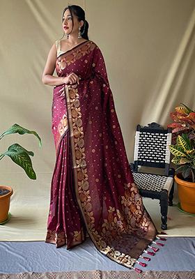 Maroon Zari Woven Silk Saree Set