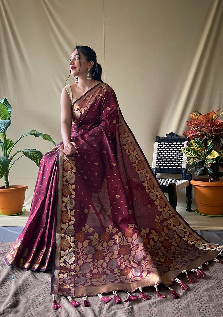 Maroon Zari Woven Silk Saree Set