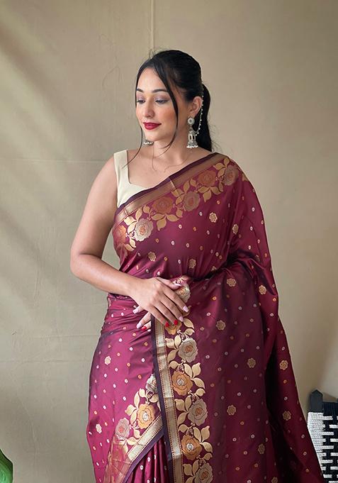 Maroon Zari Woven Silk Saree Set