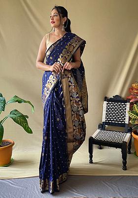 Blue Zari Woven Silk Saree Set