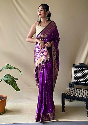 Purple Zari Woven Silk Saree Set