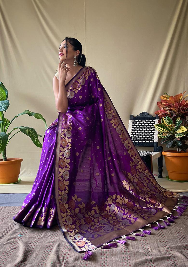 Purple Zari Woven Silk Saree Set
