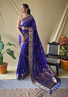 Violet Zari Woven Silk Saree Set