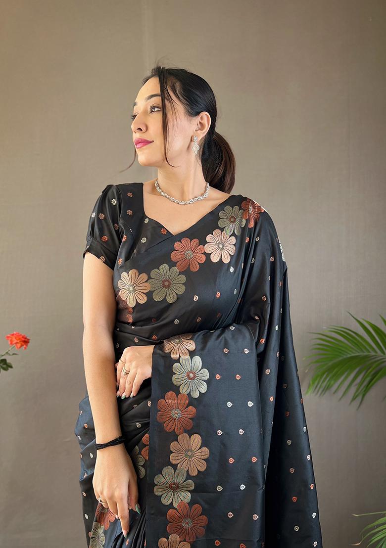 Black Zari Woven Silk Saree Set