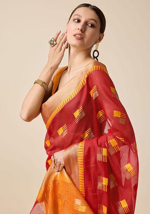 Red Zari Woven Cotton Silk Saree Set