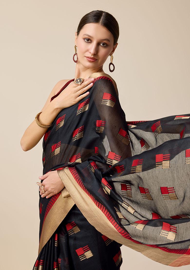 Black Zari Woven Cotton Silk Saree Set - Indya