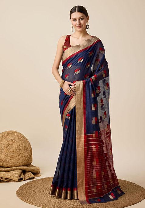 Blue Zari Woven Cotton Silk Saree Set