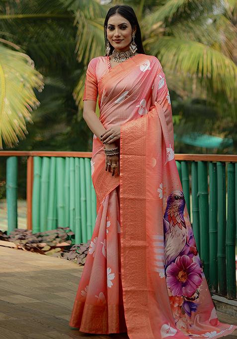 Orange Floral Print Silk Saree Set