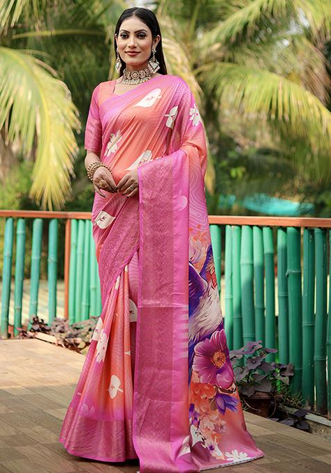 Pink Zari Woven Silk Saree Set