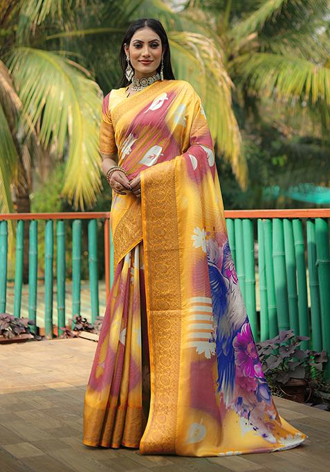 Yellow Zari Woven Silk Saree Set