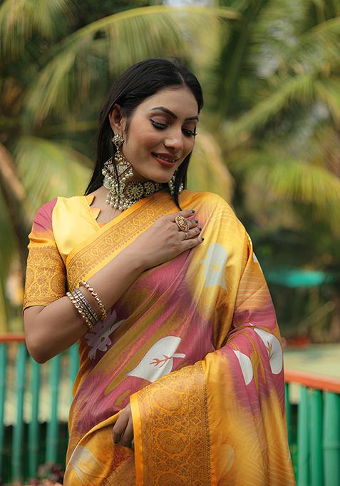 Yellow Zari Woven Silk Saree Set