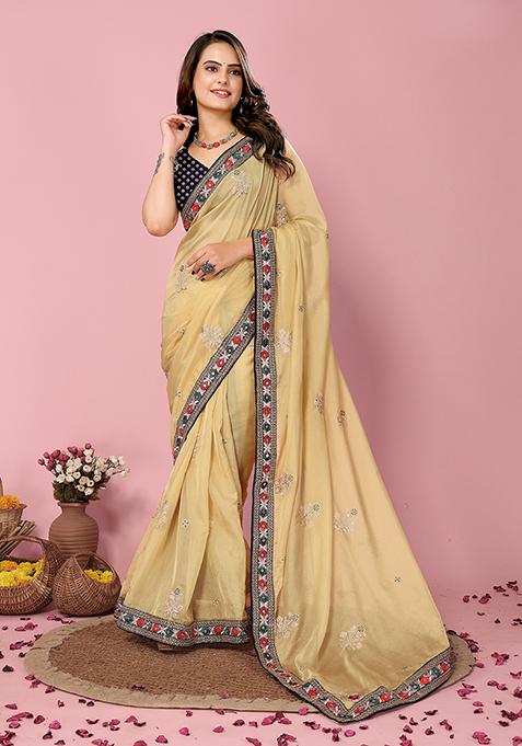 Yellow Sequin Embroidered Organza Saree Set