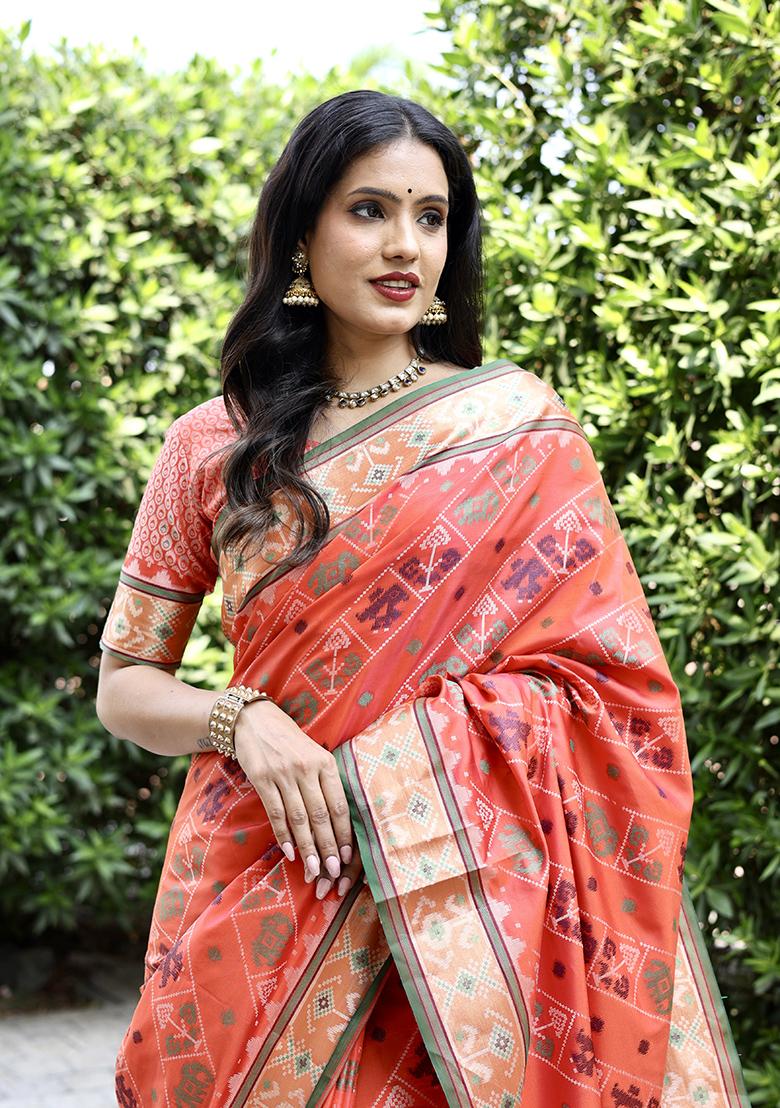 Orange Zari Woven Silk Saree Set