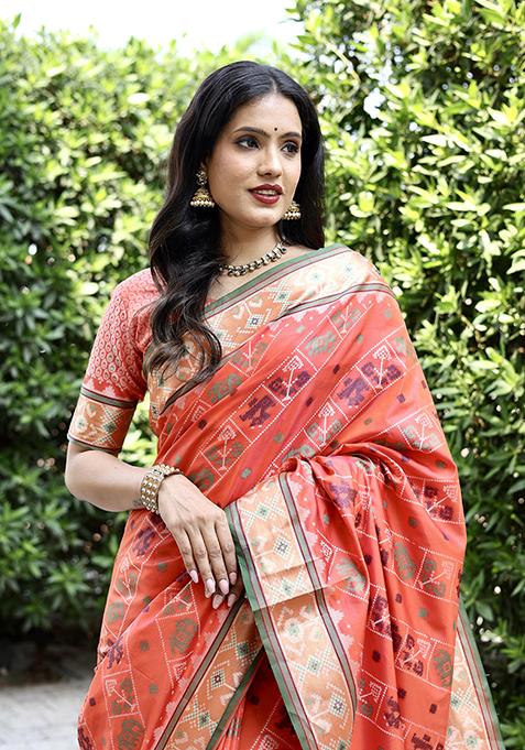 Orange Zari Woven Silk Saree Set