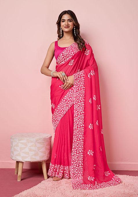 Pink Sequin Embroidered Art Silk Saree Set