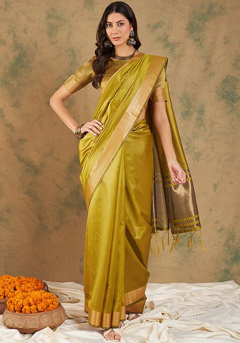 Yellow Zari Woven Cotton Silk Saree Set