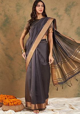 Navy Blue Zari Woven Cotton Silk Saree Set
