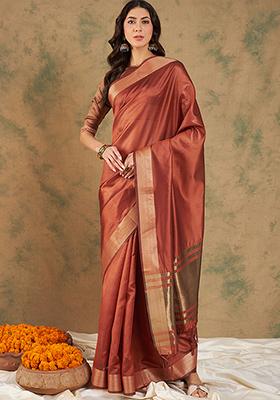 Rust Zari Woven Cotton Silk Saree Set