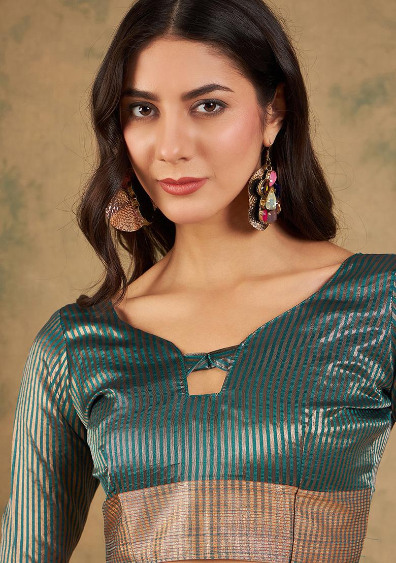 Teal Zari Woven Cotton Silk Saree Set