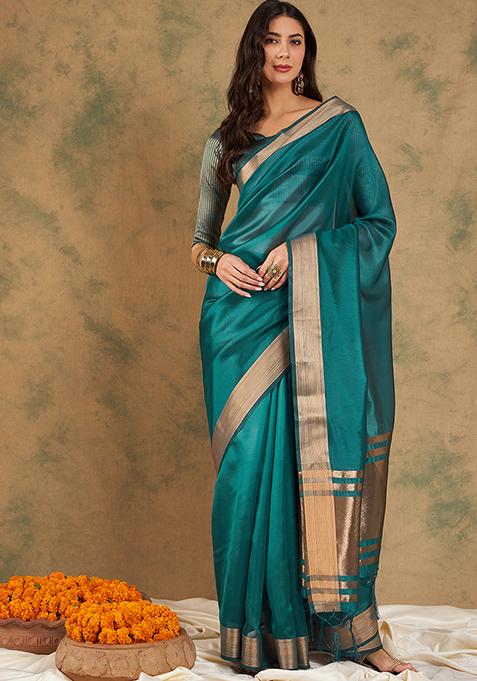 Teal Zari Woven Cotton Silk Saree Set