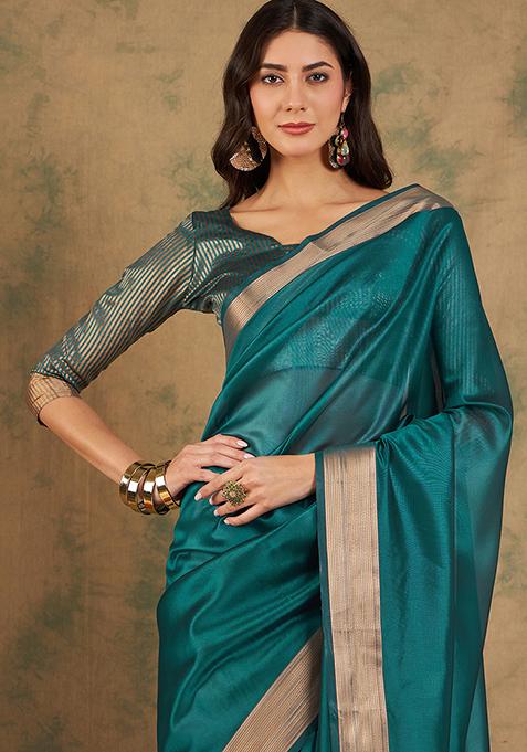 Teal Zari Woven Cotton Silk Saree Set