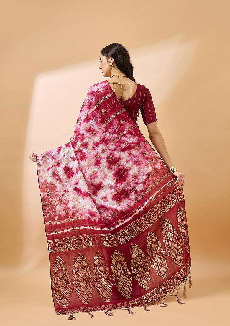 Maroon Zari Woven Cotton Saree Set - Indya