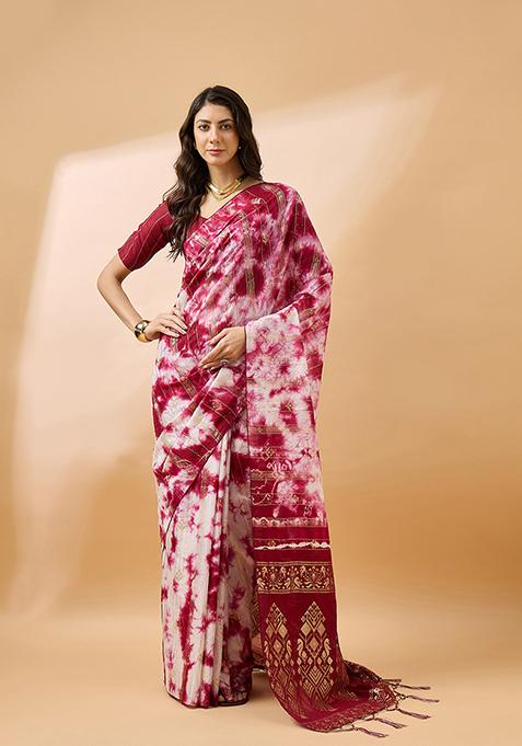 Maroon Zari Woven Cotton Saree Set