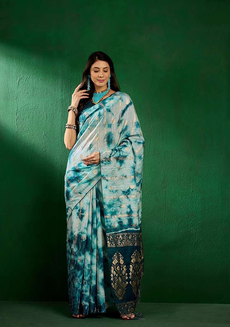 Blue Zari Woven Cotton Saree Set - Indya