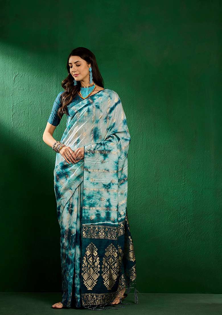 Blue Zari Woven Cotton Saree Set - Indya