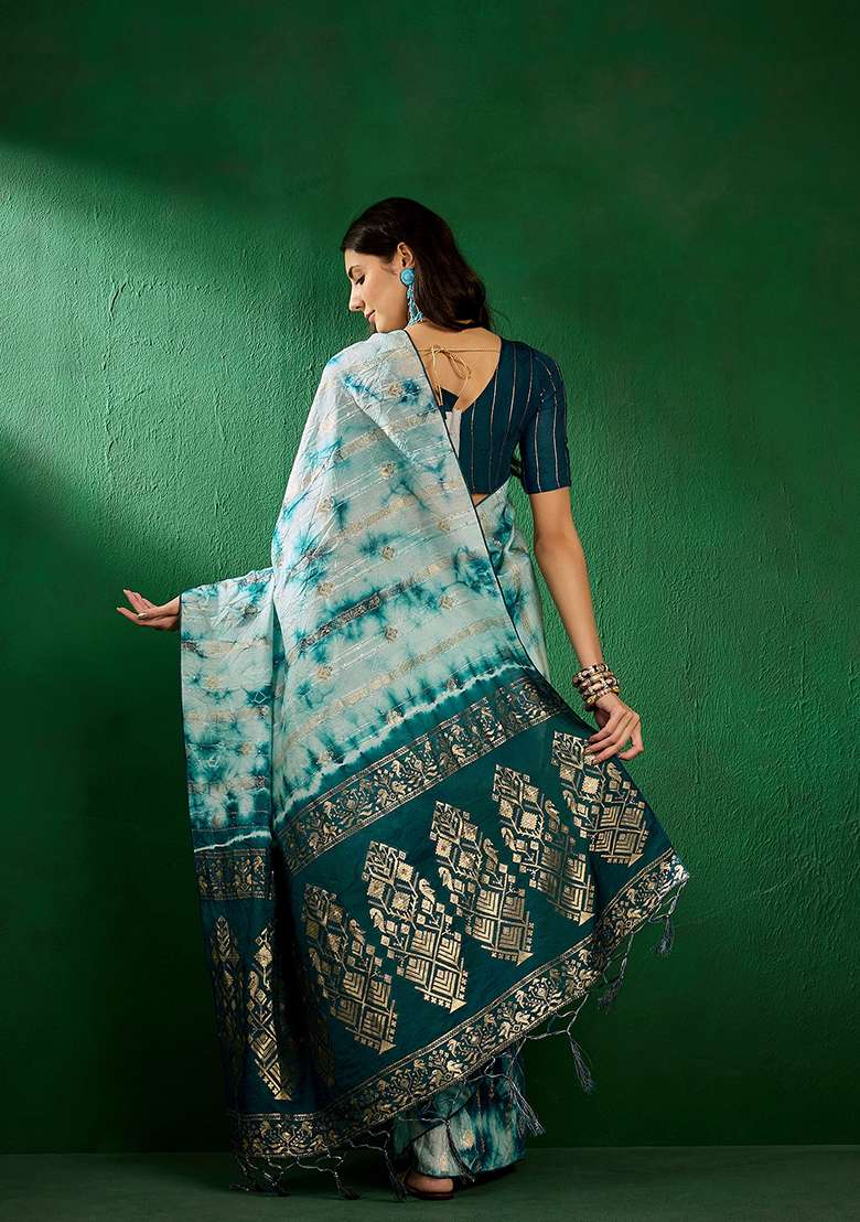 Blue Zari Woven Cotton Saree Set - Indya