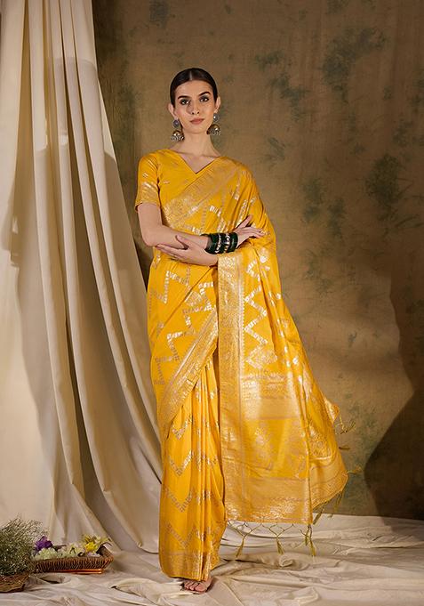 Mustard Zari Woven Cotton Silk Saree Set