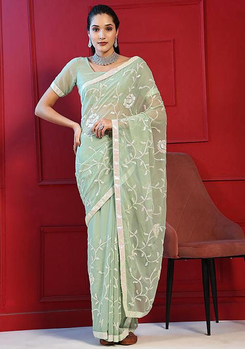 Green Sequin Embroidered Georgette Saree Set