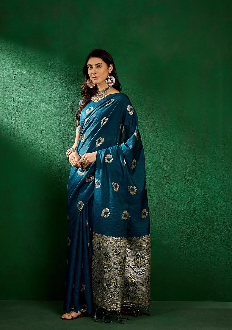 Teal Zari Woven Art Silk Saree Set