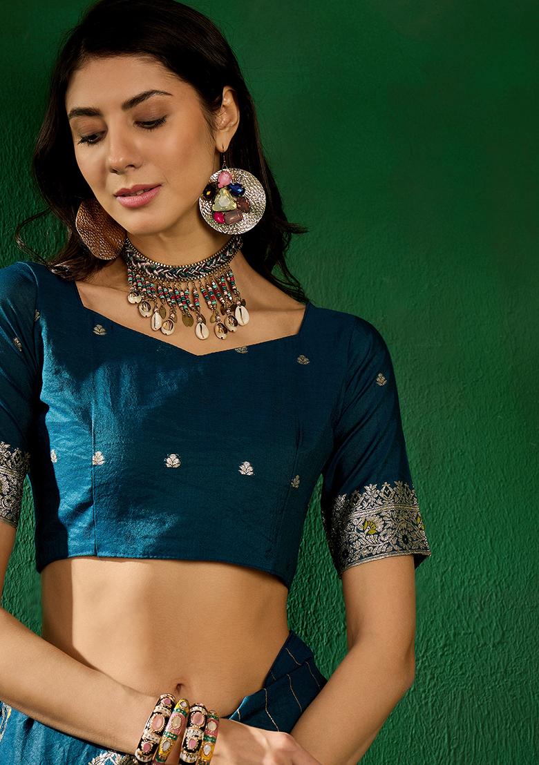 Teal Zari Woven Art Silk Saree Set