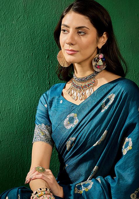 Teal Zari Woven Art Silk Saree Set