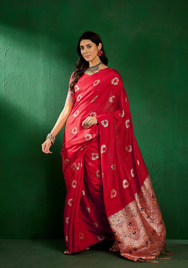 Red Zari Woven Art Silk Saree Set
