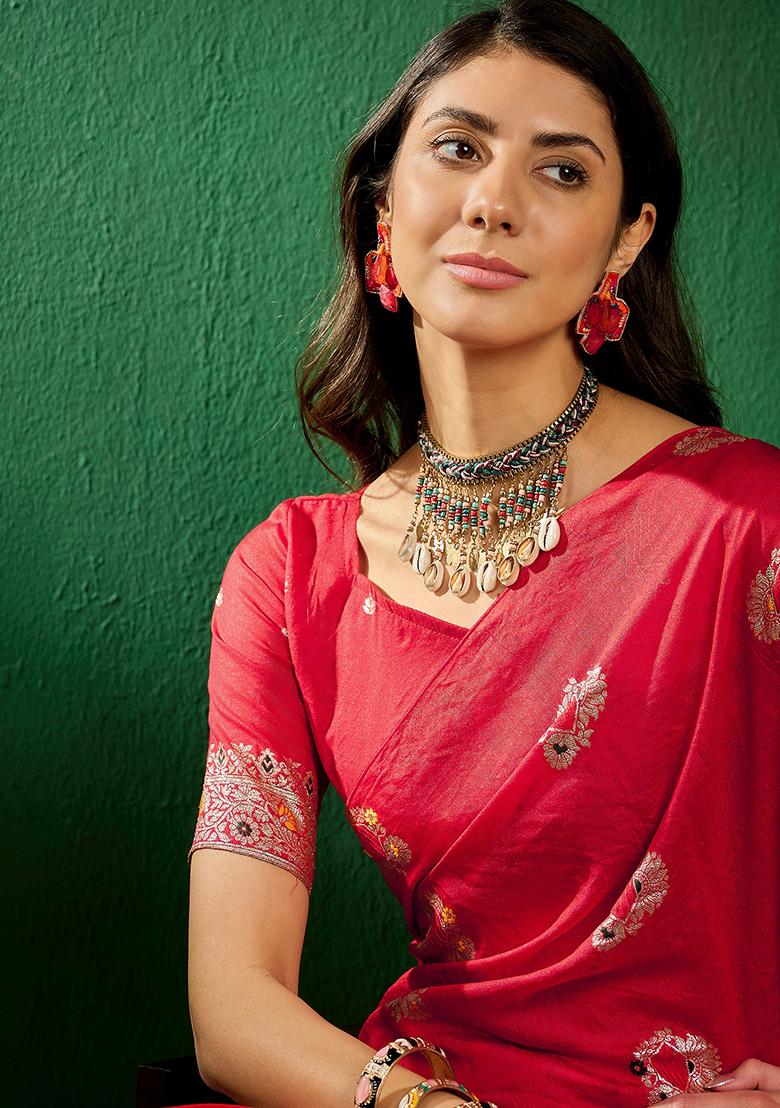 Red Zari Woven Art Silk Saree Set