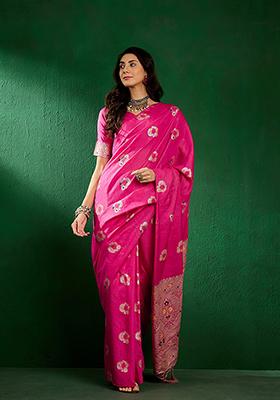 Pink Zari Woven Art Silk Saree Set