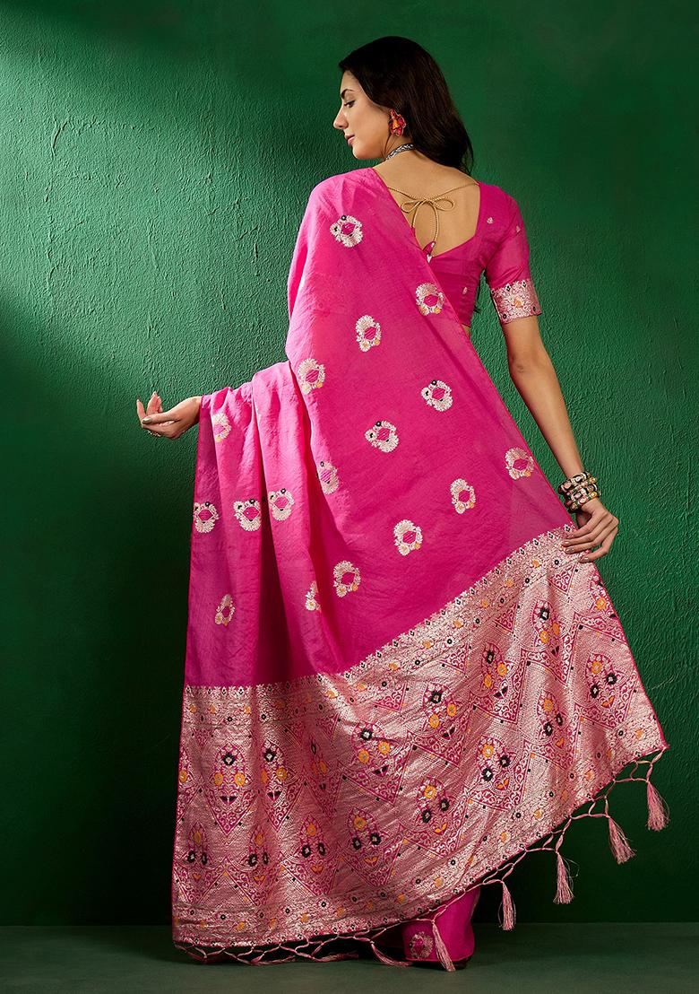 Pink Zari Woven Art Silk Saree Set