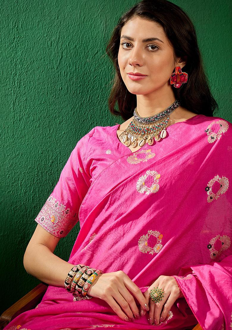 Pink Zari Woven Art Silk Saree Set