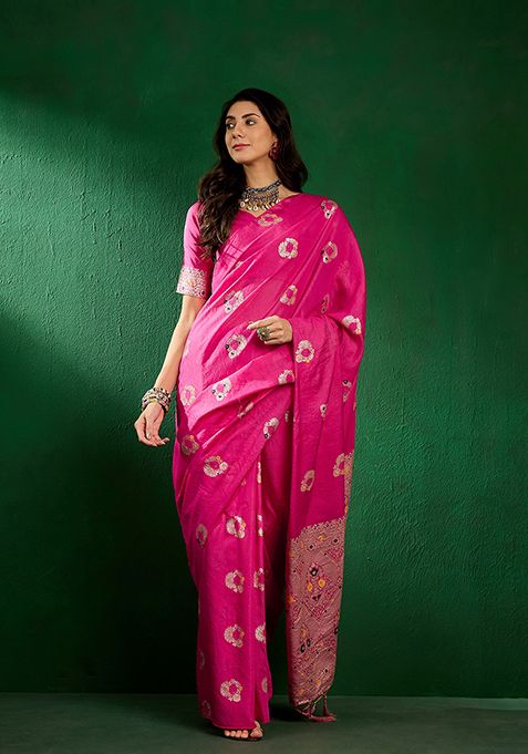 Pink Zari Woven Art Silk Saree Set