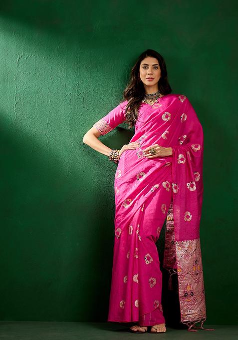 Pink Zari Woven Art Silk Saree Set