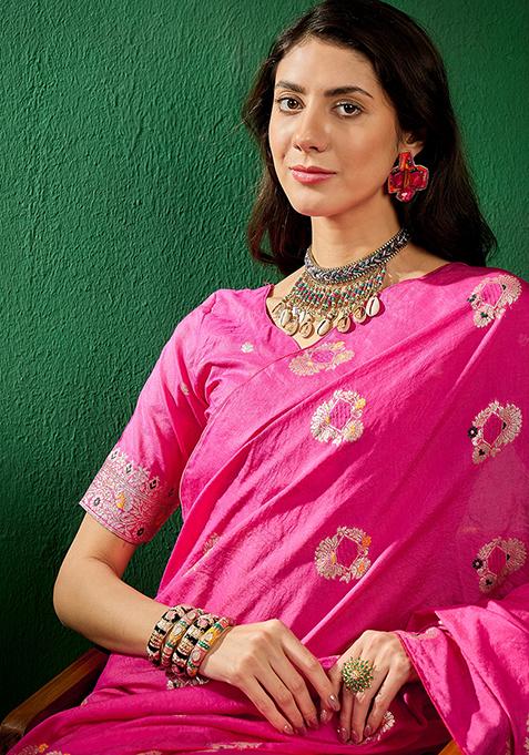 Pink Zari Woven Art Silk Saree Set