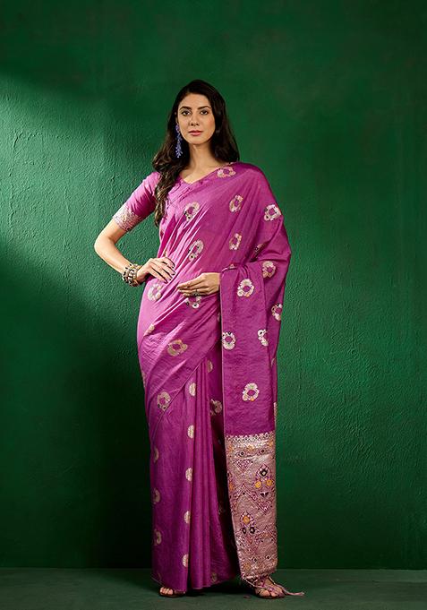 Purple Zari Woven Art Silk Saree Set