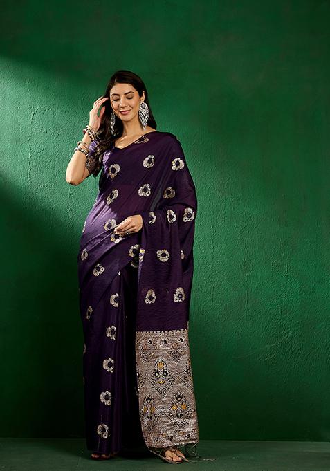 Violet Zari Woven Art Silk Saree Set